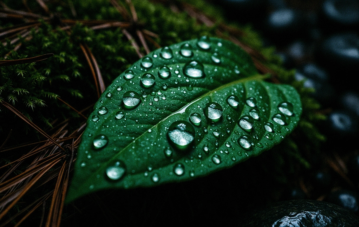 Struktura liścia i kropel wody